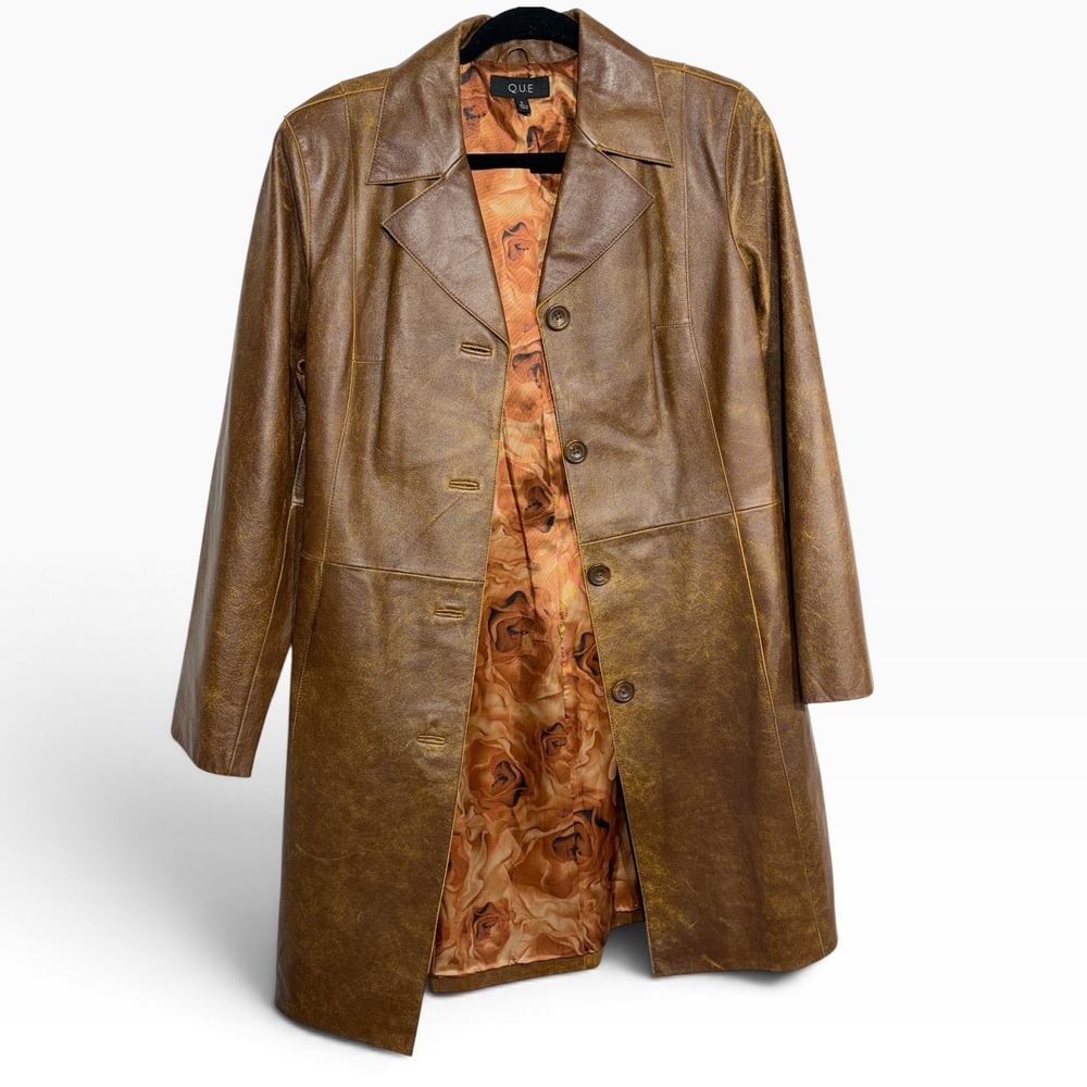 QUE Womens Genuine Leather Coat Brown Distressed Floral Lining Mid Length Large
